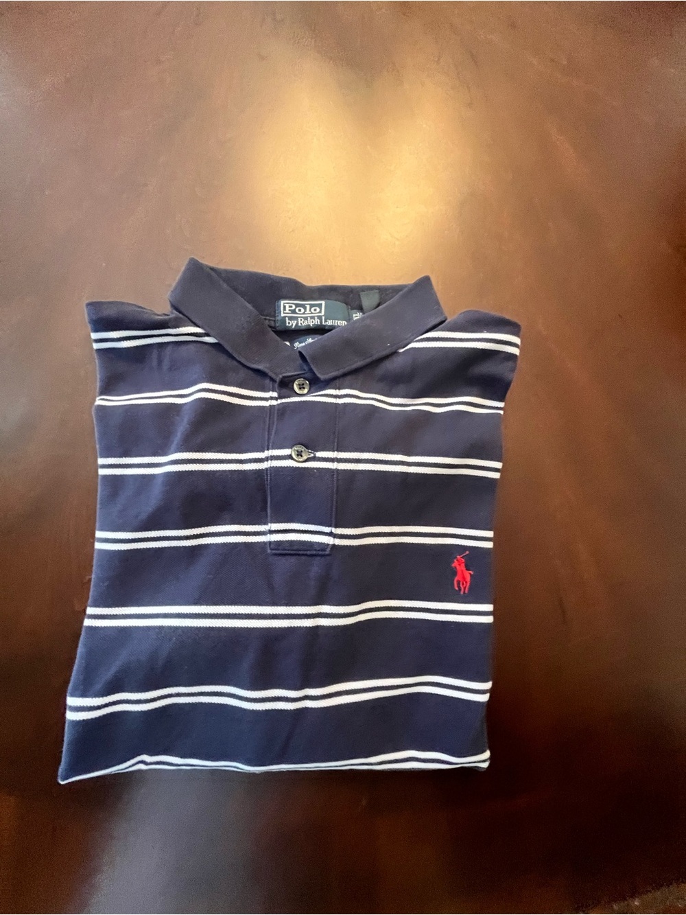 Ralph Lauren Navy and White Striped Polo with Red Pony